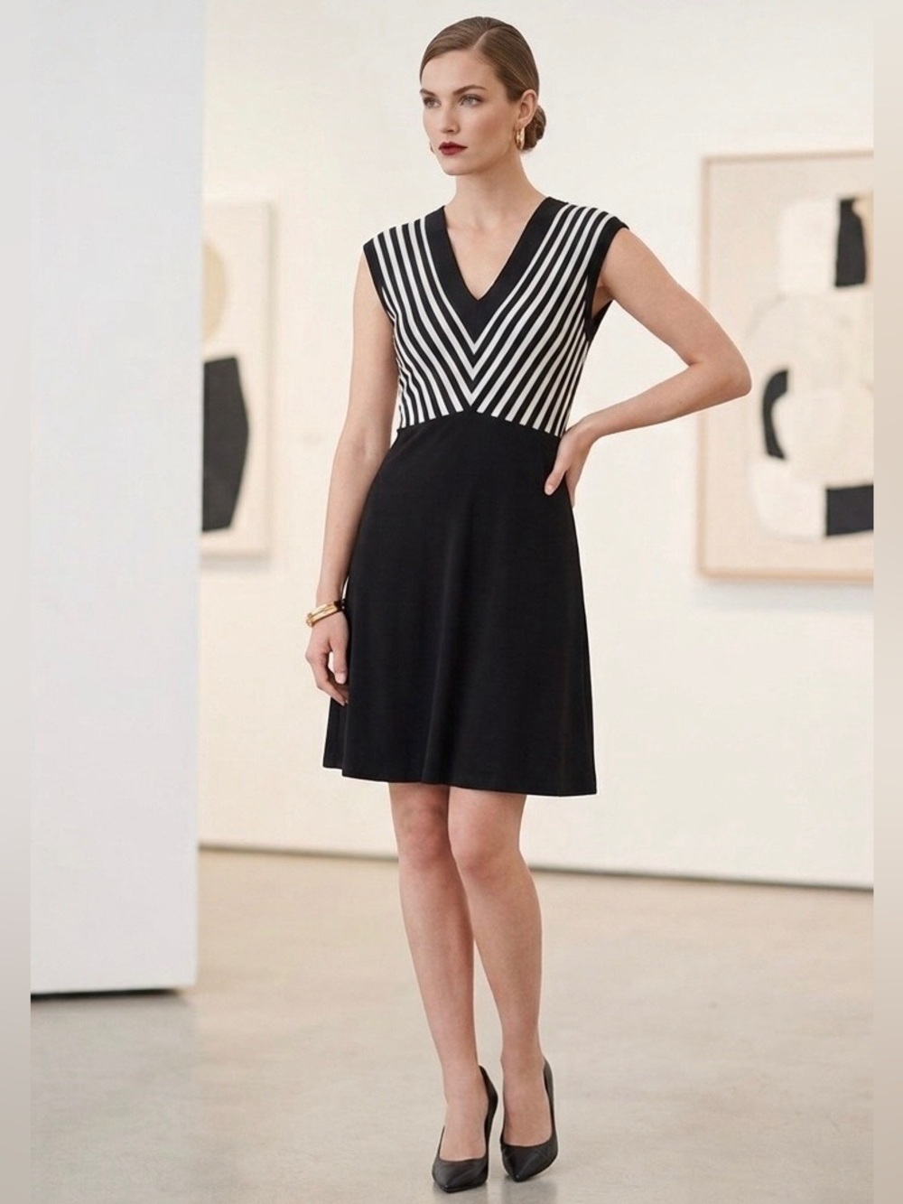 Sandro - Black & White Striped V-Neck Dress Sz L